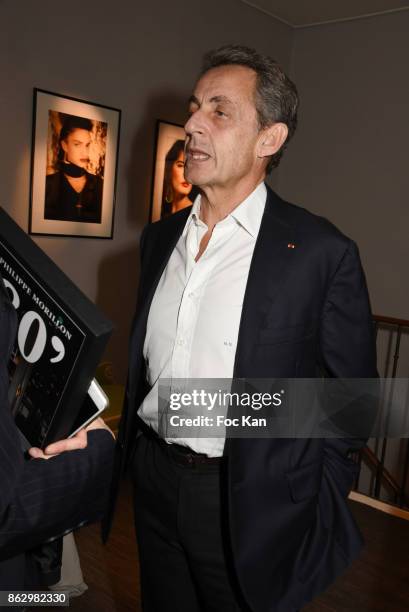 Nicolas Sarkozy attends the Simon Bocanegra And Philippe Morillon : Exhibition At la Galerie Du Passage Pierre Passebon on October 18, 2017 in Paris,...