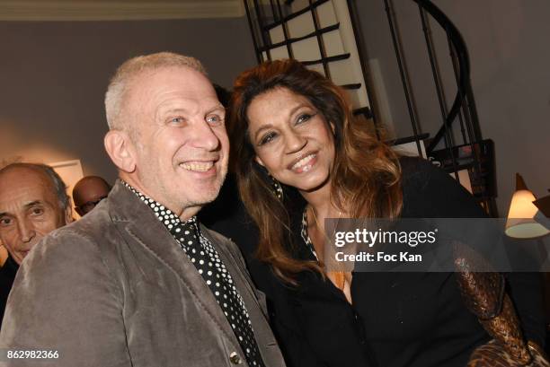 Jean Paul Gaultier and a guest attend the Simon Bocanegra And Philippe Morillon : Exhibition At la Galerie Du Passage Pierre Passebon on October 18,...