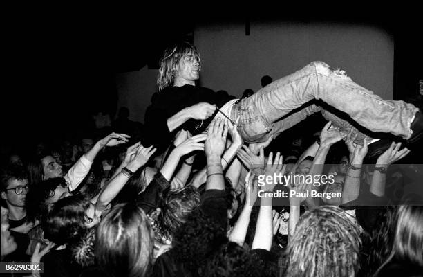Singer and guitarist with Nirvana, Kurt Cobain performs live on stage in Frankfurt, Germany on November 12 1991