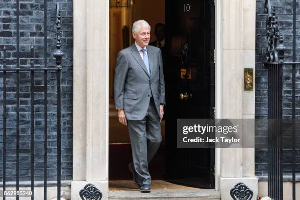 Former US President Bill Clinton leaves Number 10 Downing Street on October 19, 2017 in London, England. Mr Clinton met with British Prime Minister...