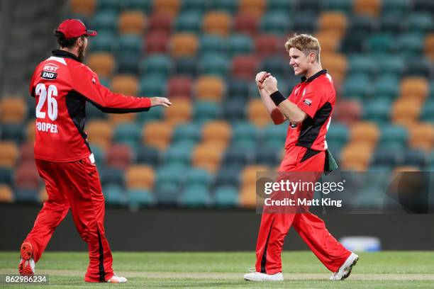 Adam Zampa of the Redbacks celebrates taking the wicket of Glenn Maxwell of the Bushrangers during the JLT One Day Cup match between South Australia...
