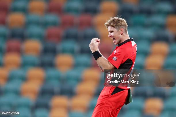 Adam Zampa of the Redbacks celebrates taking the wicket of Glenn Maxwell of the Bushrangers during the JLT One Day Cup match between South Australia...