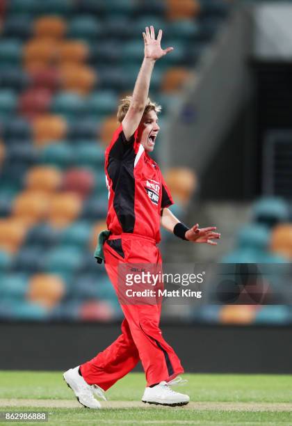 Adam Zampa of the Redbacks appeals during the JLT One Day Cup match between South Australia and Victoria at Blundstone Arena on October 19, 2017 in...