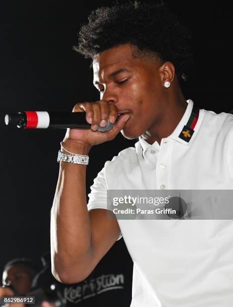 Rapper Lil Baby performs onstage during Morehouse Homecoming Hip Hop Concert at Morehouse College Forbes Arena on October 18, 2017 in Atlanta,...