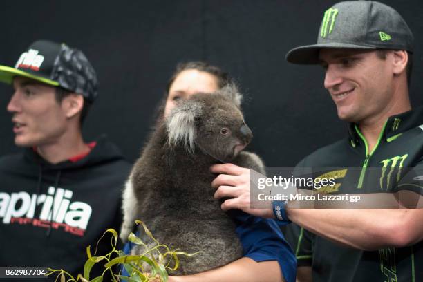 Broc Parkes of Australia and Monster Yamaha Tech 3 jokes with koala during the pre-event "MotoGP riders meet the australian animals" during previews...