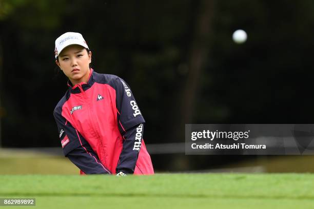 Yuting Seki of China chips onto the 18th green during the first round of the Nobuta Group Masters GC Ladies at the Masters Golf Club on October 19,...