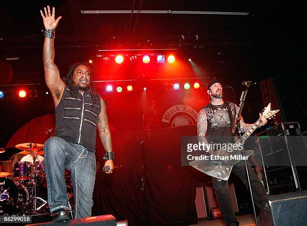 Sevendust singer Lajon Witherspoon and guitarist John Connolly perform at the Marquee Theatre April 29, 2009 in Tempe, Arizona. The rock group is...