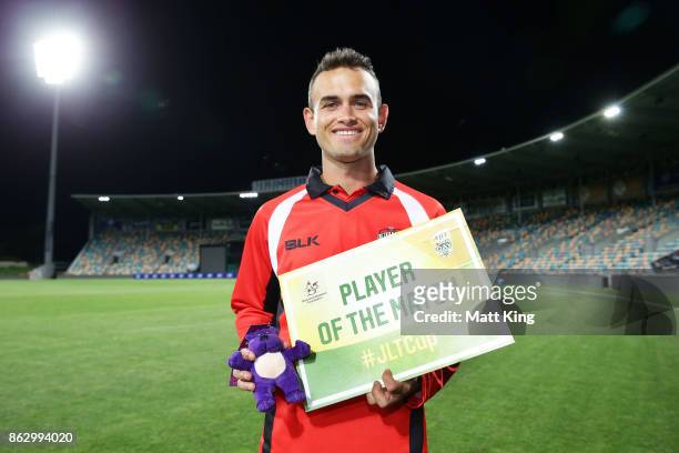 Jake Weatherald of the Redbacks poses with the player of the match award during the JLT One Day Cup match between South Australia and Victoria at...