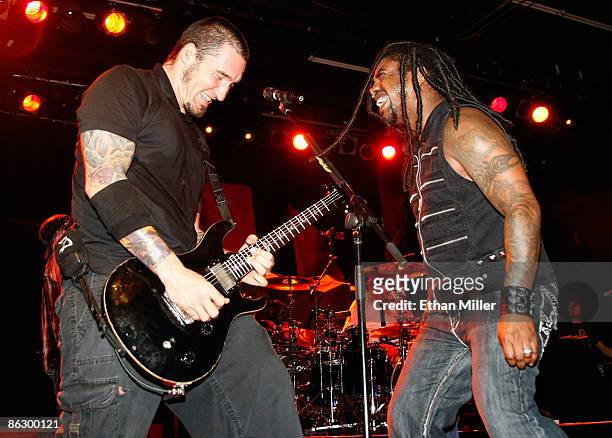 Sevendust guitarist Clint Lowery and singer Lajon Witherspoon perform at the Marquee Theatre April 29, 2009 in Tempe, Arizona. The rock group is...