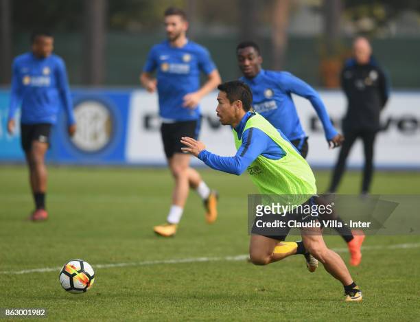 Yuto Nagatomo of FC Internazionale in action during the training session at Suning Training Center at Appiano Gentile on October 19, 2017 in Como,...