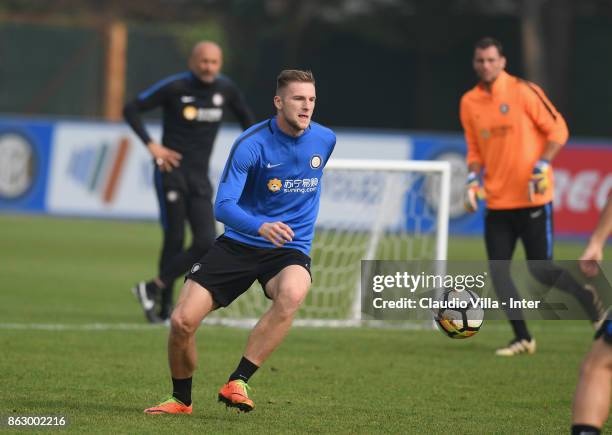 Milan Skriniar of FC Internazionale in action during the training session at Suning Training Center at Appiano Gentile on October 19, 2017 in Como,...