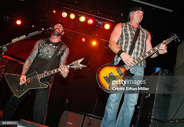 Sevendust guitarist John Connolly and bassist Vince Hornsby perform at the Marquee Theatre April 29, 2009 in Tempe, Arizona. The rock group is...