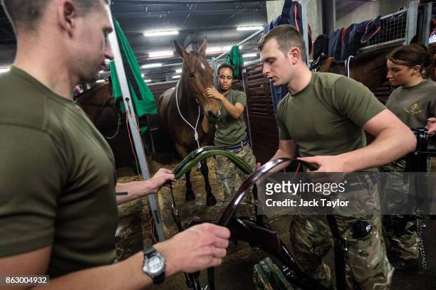 Soldiers from the King's Troop Royal Horse Artillery prepare the horses at Wellington Barracks ahead of their 70th anniversary parade on October 19,...