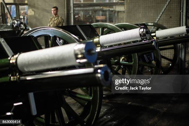 Soldiers from the King's Troop Royal Horse Artillery prepare the saluting guns at Wellington Barracks ahead of their 70th anniversary parade on...