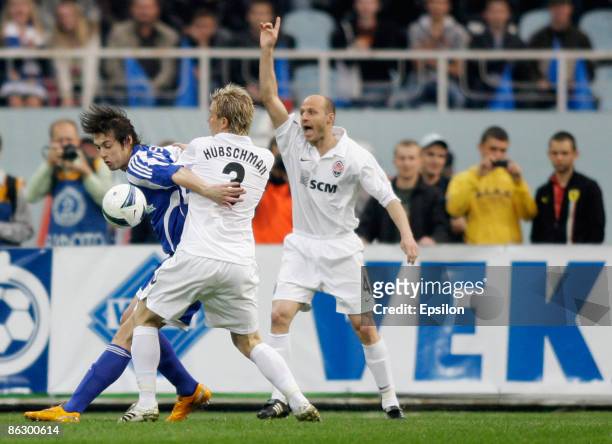Artem Milevskiy of FC Dynamo Kiev battles for the ball with Tomas Hubschman of FC Shakhtar Donetsk during the UEFA Cup semi-finals first leg match...