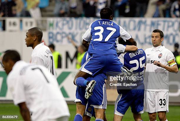 Ayila Yussuf and Artem Milevskiy of FC Dynamo Kiev celebrate after scoring a goal during the UEFA Cup semi-finals first leg match between FC Dynamo...
