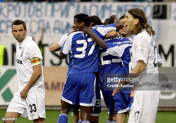 Ayila Yussuf and Artem Milevskiy of FC Dynamo Kiev celebrate after scoring a goal during the UEFA Cup semi-finals first leg match between FC Dynamo...
