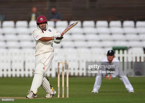 Ramnaresh Sarwan of the West Indies hits out during day one of the Tour match between England Lions and the West Indies on April 30, 2009 in Derby,...