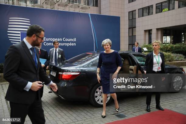 British Prime Minister Theresa May arrives ahead of a European Council Meeting at the Council of the European Union building on October 19, 2017 in...