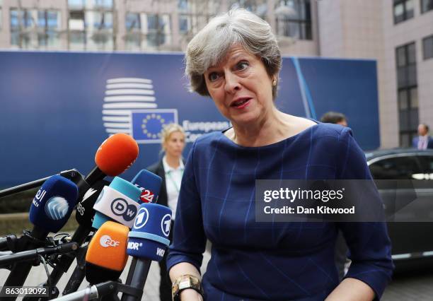 British Prime Minister Theresa May arrives ahead of a European Council Meeting at the Council of the European Union building on October 19, 2017 in...