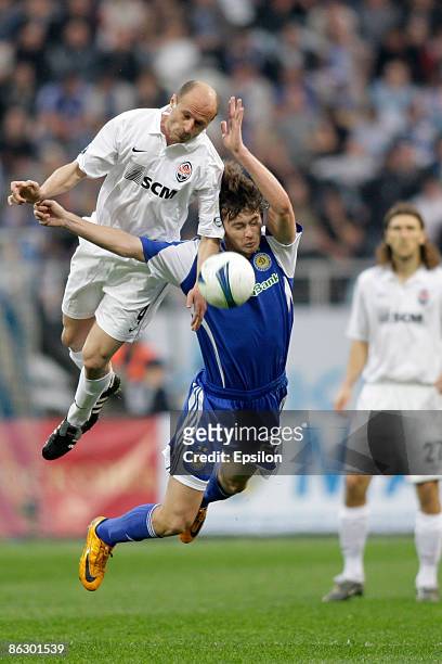 Artem Milevskiy of FC Dynamo Kiev battles for the ball with Igor Duljaj of FC Shakhtar Donetsk during the UEFA Cup semi-finals first leg match...
