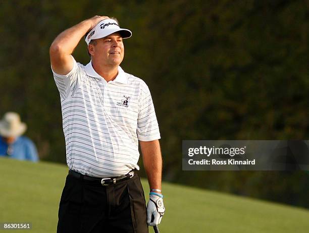 Kenny Perry after a missd putt on 18 green during the final round of the 2009 Masters Tournament at Augusta National Golf Club on April 12, 2009 in...