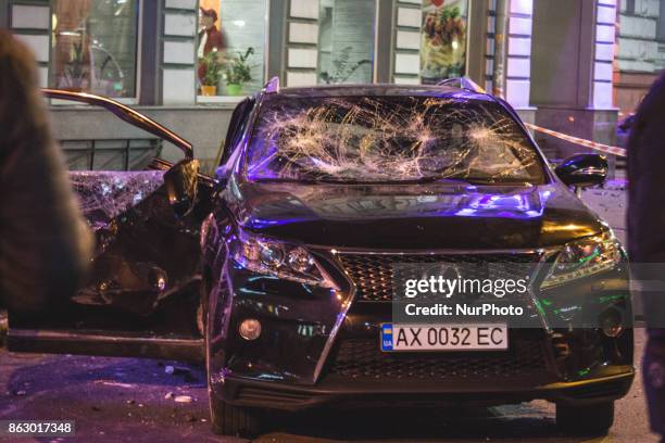 Car that hit a pedestrian during a violent car accident in Kharkov, Ukraine on 18 October 2017 night. Five people died on the spot.