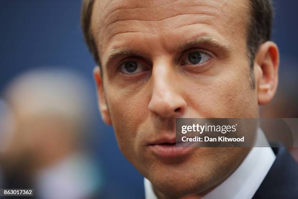 French President Emmanuel Macron arrives ahead of a European Council Meeting at the Council of the European Union building on October 19, 2017 in...