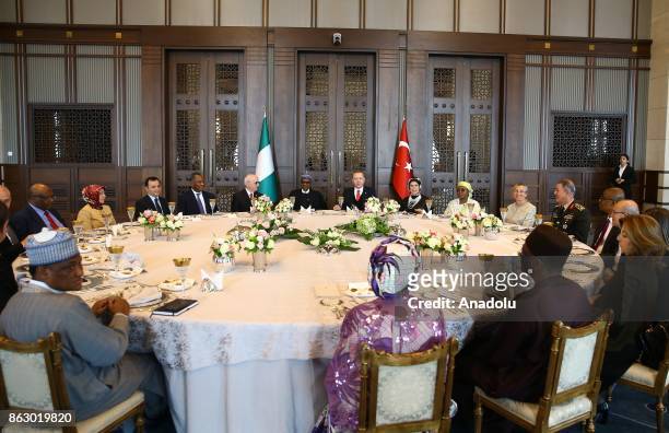 Turkish President Recep Tayyip Erdogan holds a luncheon for Nigerian President Muhammadu Buhari with the attendance of Erdogan's spouse Emine Erdogan...
