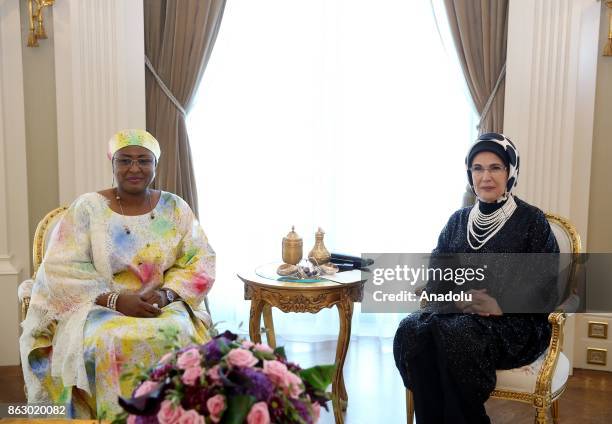 Turkish President Recep Tayyip Erdogan's spouse Emine Erdogan meets with Nigerian President Muhammadu Buhari's spouse Aisha Buhari at the...