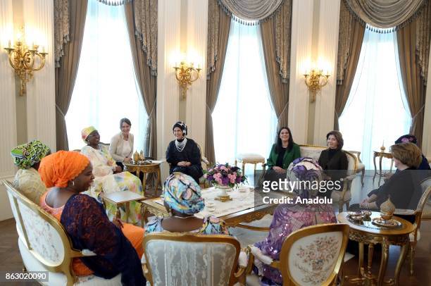 Turkish President Recep Tayyip Erdogan's spouse Emine Erdogan meets with Nigerian President Muhammadu Buhari's spouse Aisha Buhari at the...