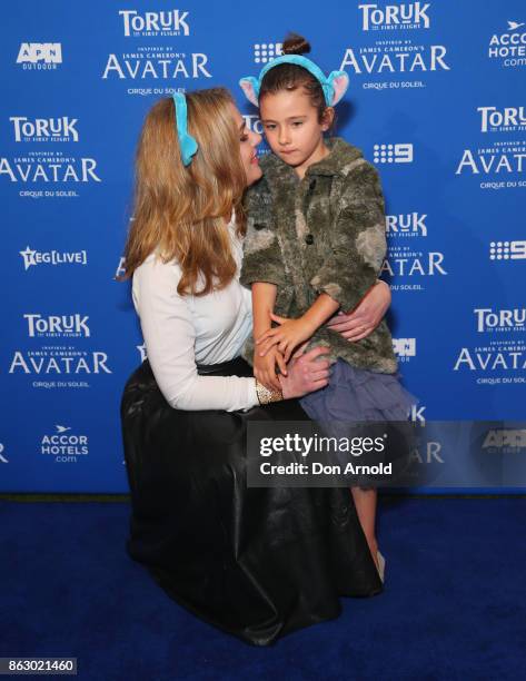 Jessica Marais and daughter Scout Edie Stewart arrive ahead of TORUK - The First Flight by Cirque du Soleil at Qudos Bank Arena on October 19, 2017...