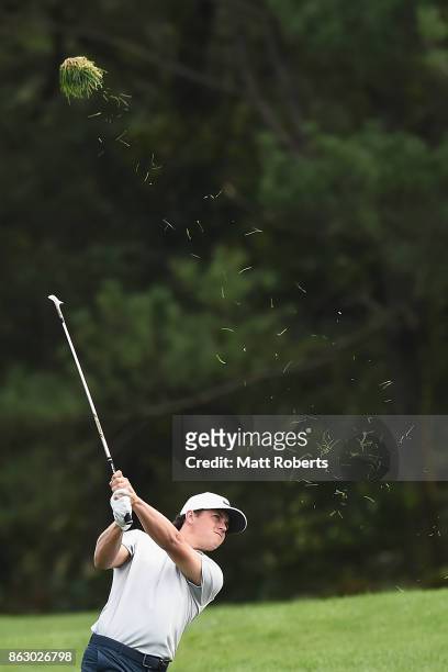 Cody Gribble of the United States plays his approach shot on the 6th hole during the first round of the CJ Cup at Nine Bridges on October 19, 2017 in...