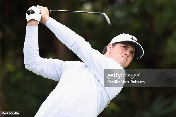 Cody Gribble of the United States hits his tee shot on the 7th hole during the first round of the CJ Cup at Nine Bridges on October 19, 2017 in Jeju,...