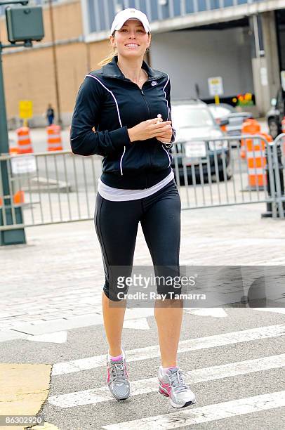 Actress Jessica Biel runs along the West Side Highway bike path on April 30, 2009 in New York City.