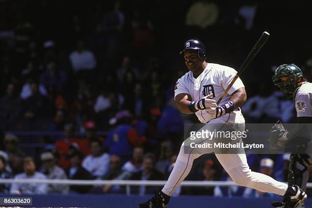 Cecil Fielder of the Detroit Tigers bats during a baseball game against the Chicago White Sox on May 1, 1994 at Tigers Stadium in Detroit, Michigan.