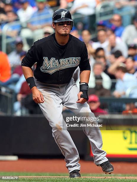 Jorge Cantu of the Florida Marlins leads off first base against the New York Mets on April 29, 2009 at Citi Field in the Flushing neighborhood of the...