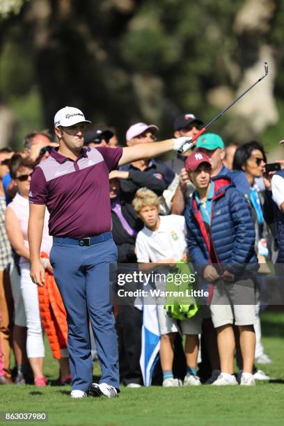 Jon Rahm of Spain hits his second shot on the 7th hole during day one of the Andalucia Valderrama Masters at Real Club Valderrama on October 19, 2017...