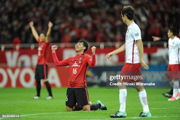 Urawa Red Diamonds Players celebrate after their team's 1-0 win in the AFC Champions League semi final second leg match between Urawa Red Diamonds...