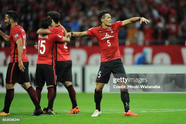 Urawa Red Diamonds Players celebrate after their team's 1-0 win in the AFC Champions League semi final second leg match between Urawa Red Diamonds...