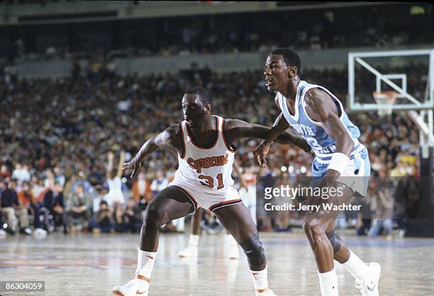 North Carolina Michael Jordan in action vs Syracuse Dwayne "Pearl" Washington . Syracuse, NY CREDIT: Jerry Wachter