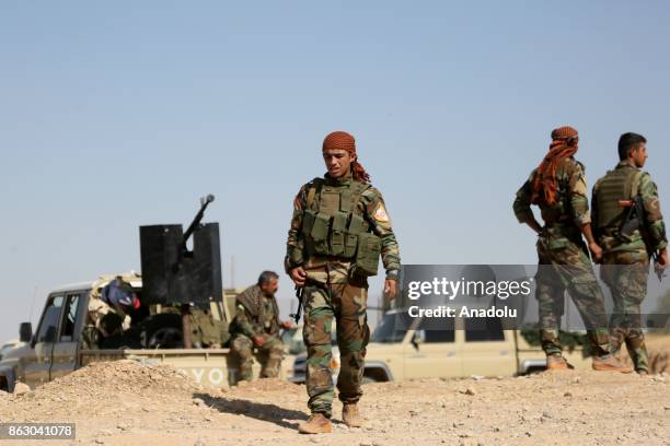 About 100 peshmergas of Kurdistan Freedom Party gather near Altun Kupri control point in in Erbil, Iraq on October 19, 2017. Articulated lorries and...