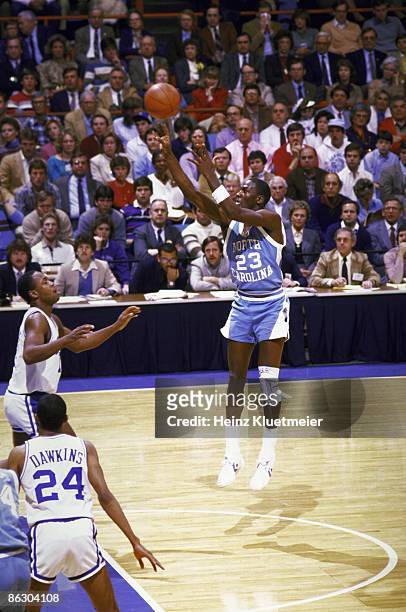 Tournament. North Carolina Michael Jordan in action, taking three point shot vs Duke. Greensboro, NC 3/10/1984 CREDIT: Heinz Kluetmeier