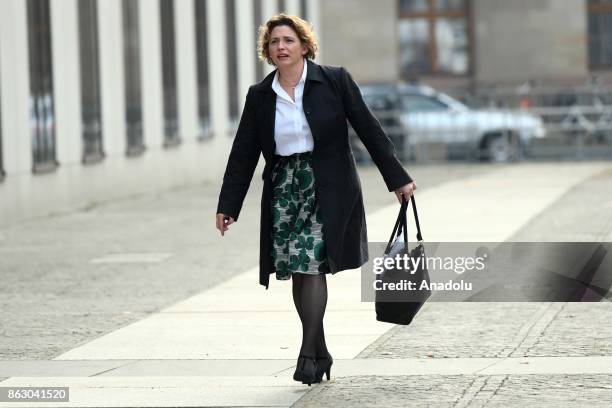 Free Democratic Party Secretary General Nicola Beer arrives in front of a Reichstag building ahead of exploratory talks between the Free Democratic...
