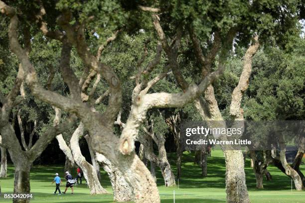 Andy Sullivan of England walks down the 1st hole during day one of the Andalucia Valderrama Masters at Real Club Valderrama on October 19, 2017 in...