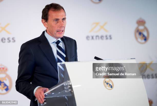 Former Real Madrid player Emilio Butragueno attends as the Real Madrid and Exness partnership presentation at Estadio Santiago Bernabeu on October...