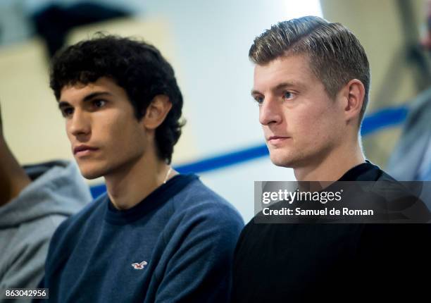 Real Madrid players Jesus Vallejo and Toni Kroos during the Real Madrid and Exness partnership presentation at Estadio Santiago Bernabeu on October...