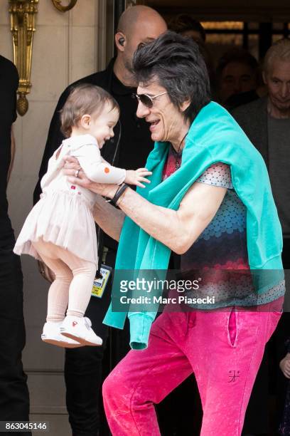 The Rolling Stones' rocker Ronnie Wood and his daughter Gracie Jane Wood are seen leaving the 'Four Seasons George V' hotel ahead the first Rolling...