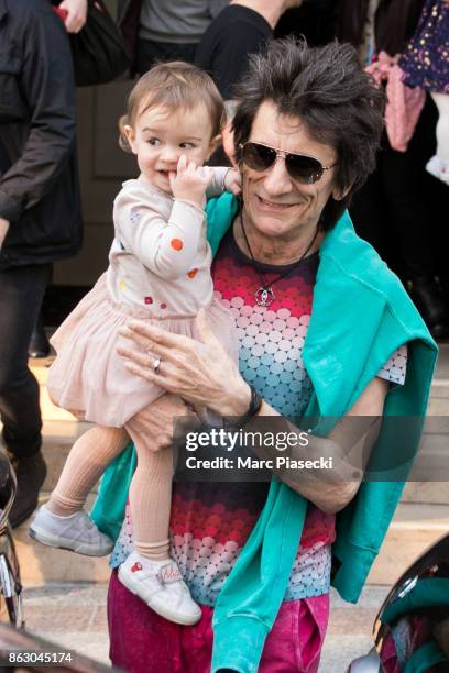 The Rolling Stones' rocker Ronnie Wood and his daughter Gracie Jane Wood are seen leaving the 'Four Seasons George V' hotel ahead the first Rolling...