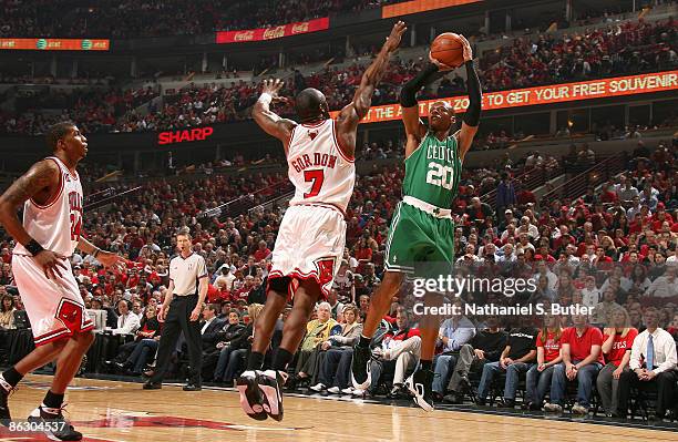 Ray Allen of the Boston Celtics puts up a shot over Ben Gordon and Tyrus Thomas of the Chicago Bulls during Game Six of the Eastern Conference...